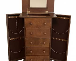 Traditional Wooden Jewelry Armoire with 5 Drawers, 2 Doors, and Flip Top Mirror