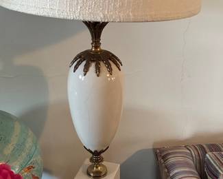 Hollywood Regency White Crackle Glaze Table Lamp with Acanthus Leaf Mounts