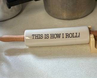 Rae Dunn "THIS IS HOW I ROLL!" Ceramic Rolling Pin with Display Stand