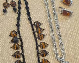 TigerStripe Heart AmberTone Jewelry Collection 2 Necklaces Earrings