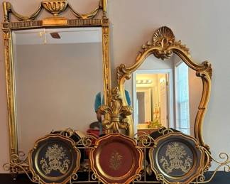 03 Two ornate goldgilt wall mirrors decorative metal accent rack holding three small plates