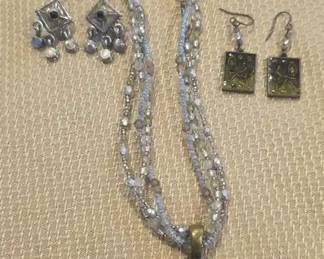 Artisan Beaded Pendant Necklace with 2 Pairs Coordinating Earrings