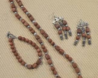 06 Beaded Gemstone Statement Necklace, Bracelet, Earrings Featuring Brown Goldstone Beads
