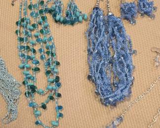 Blue Hue Multistrand Bead Chain Necklaces With Earrings