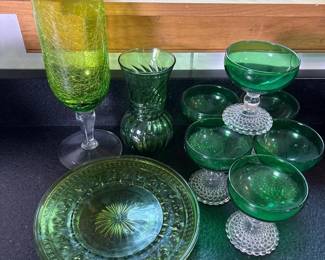 117 greenglassdessertwareplatesandvase