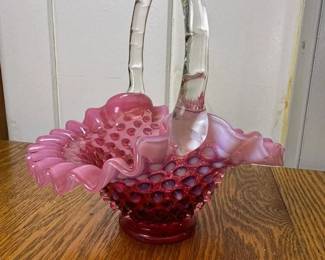 049 pinkopalescenthobnailartglassbasket
