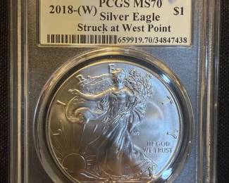 2018W American Silver Eagle PCGS MS70 First Strike  Struck at West Point  1 oz .999 Fine Silver