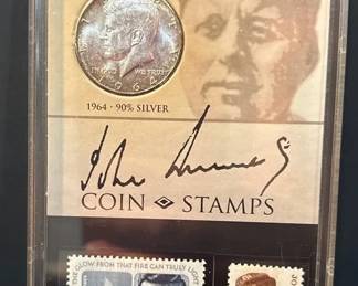 John F. Kennedy Coin  Stamps Commemorative Display with 1964 Silver Kennedy Half Dollar