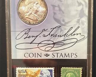 Benjamin Franklin Coin  Stamps Display with 1963 Silver Franklin Half Dollar