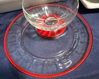 Retro red rim dessert plates/bowls 