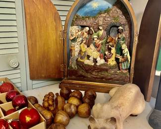 Nativity, wooden fruit, siamese cat