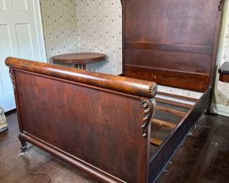 Mahogany Sleigh Bed Frame With Carved Details, Antique