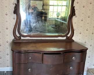 Wooden Serpentine Front Dresser And Mirror, Antique