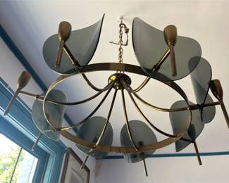 MCM Brass and Concave Smoked Lucite Disc Chandelier