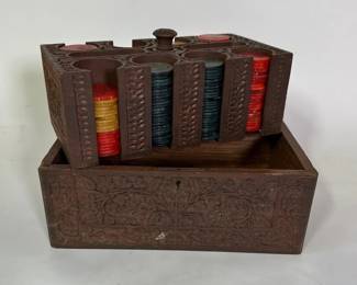 Wooden Poker Chip Caddy With Resin Gaming Chips, Vintage