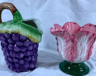 Majolica Ceramic Grape Pitcher and Vintage Ceramic Tulip Pitcher