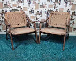 Hans Wegner Style Rope Woven Lounge Chair Pair, Vintage