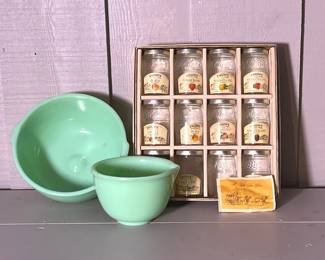 Vintage Green Milkglass Mixing Bowls, Knotts Jam Jars