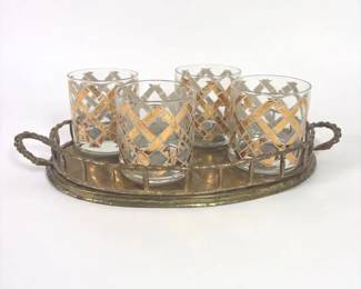 Set Of 4 Culver Gold Lattice Lowball Glasses
