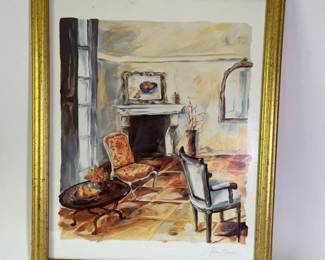 Interior Scene From Watercolor Print Signed By Joyce Shelton