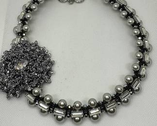 Beaded Flower Choker: Metallic Grey Rivoli Rhinestone Statement Necklace