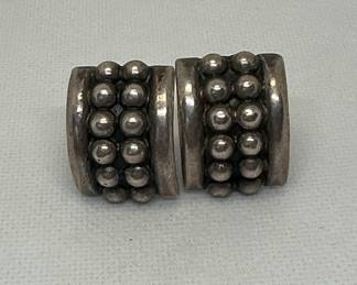 Vintage Sterling Silver Bead-Detail Half-Hoop Earrings