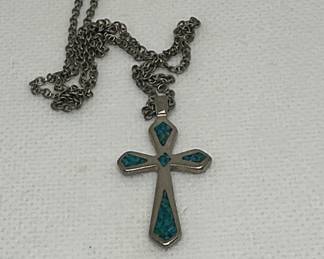 Southwestern-Style Sterling Silver Turquoise Inlay Cross Pendant Necklace