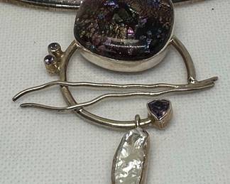 Artisan Sterling Silver Dichroic Glass and Amethyst Pendant Necklace with Baroque Pearl