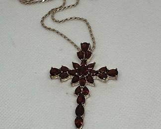 Sterling Silver Pear and Round Cut Garnet Cross Pendant Necklace