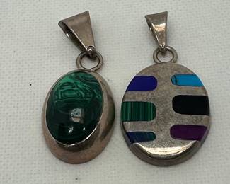 Vintage Sterling Silver Malachite and Multi-Stone Inlay Pendants