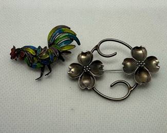 Vintage Enamel Rooster Brooch and Sterling Silver Dogwood Brooch