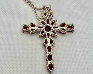 Sterling Silver and Garnet Cross Pendant Necklace