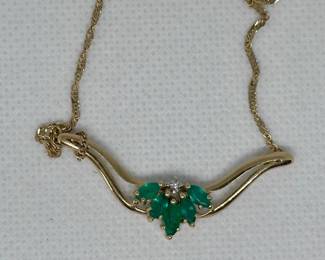 10K Yellow Gold Marquise Emerald and Diamond Necklace