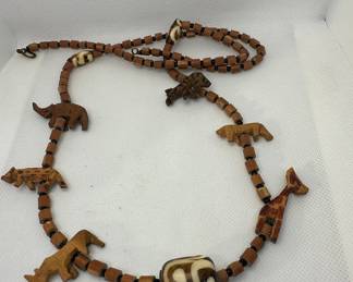 Hand-Carved African Safari Animal Bead Necklace with Dzi Bead