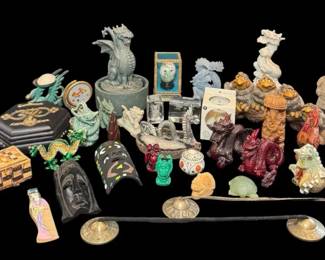 Eclectic AsianInspired Decor Sculptures, Yosegi Box, Dragons, Figurines