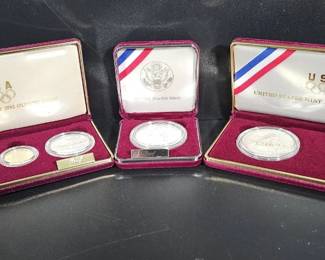 3Piece US Mint Commemorative Silver Dollar Set 1988 1992 Olympics, 1993 Thomas Jefferson