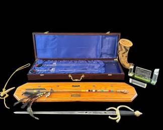 Vintage Etched Glass Sword Set, Medieval Times Replica Scout Arrow Plaque
