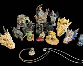 Huge Gothic Dragon Fantasy Collectibles Lot Globe Statues, Fossil Skull Trinket Boxes Gargoyle