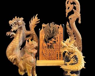 Vintage Wooden Dragon Mythical Creature Sculptures