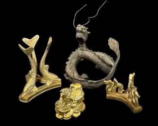 Vintage Asian Metalwork Feng Shui Figures Dragon, Fish Stands Dragon Turtle