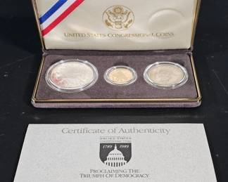 The Congressional Crown Jewel 1989 U.S. Bicentennial ThreeCoin Gold Silver Set Case COA