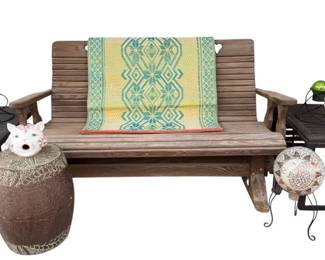 Wooden Glider Bench, 9x12 Area Rug, Accent Tables, Jim Shore Decor