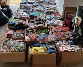 MASSIVE Estate Sewing Fabric Hoard 20 Boxes Tubs Vintage, Novelty Quilting Prints