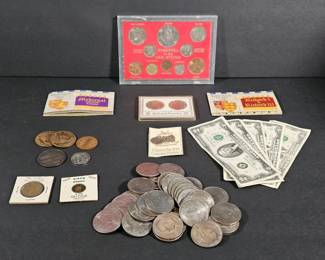 Eclectic Collectors Lot of Vintage US Currency, Exonumia, and Gas Station Memorabilia