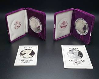 Lot of 2 Proof American Silver Eagles 1986S 1993P 1 oz .999 Fine Silver w Box COA