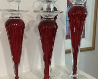 Ruby and clear glass candle stick set -