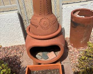 Chiminea, outdoor pots, patio set