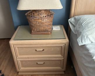 Thomasville nightstand, wicker bedroom lamp