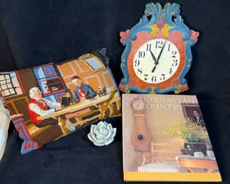 Scandinavian Wood Clock, Pillow Book on Decor