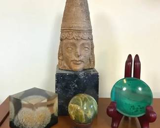 berian Carved Head, Malachite Dish, Onyx Sphere Small Cube Art